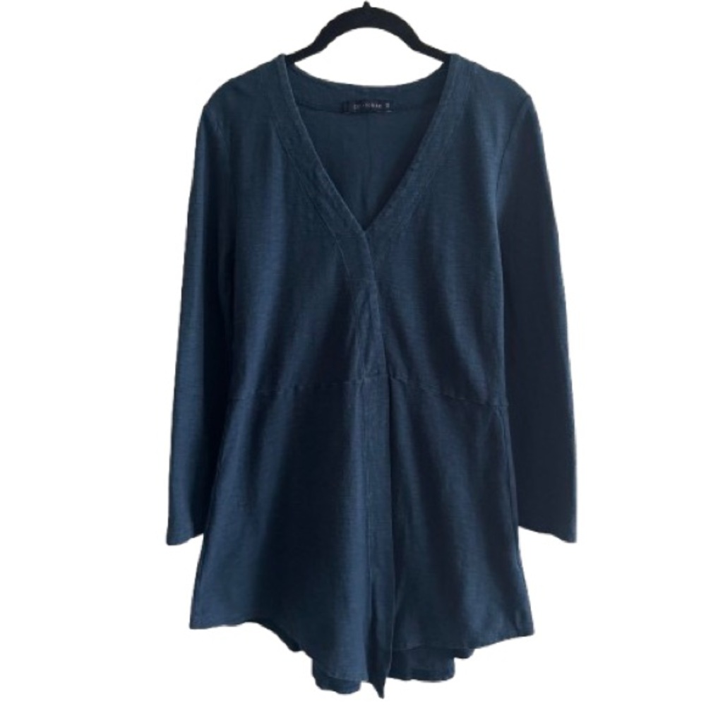 Cut Loose Blue V Neck Long Sleeve Asymmetrical Hem Top Cotton Linen Lagenlook